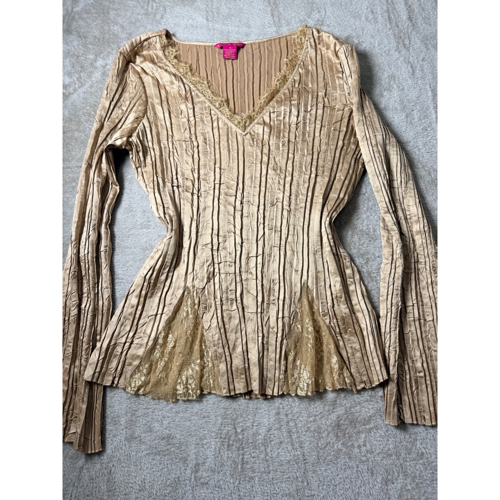 Sunny Leigh Gold Pleated Lace Trim Long Sleeve Top Med Fairycore Whimsigoth